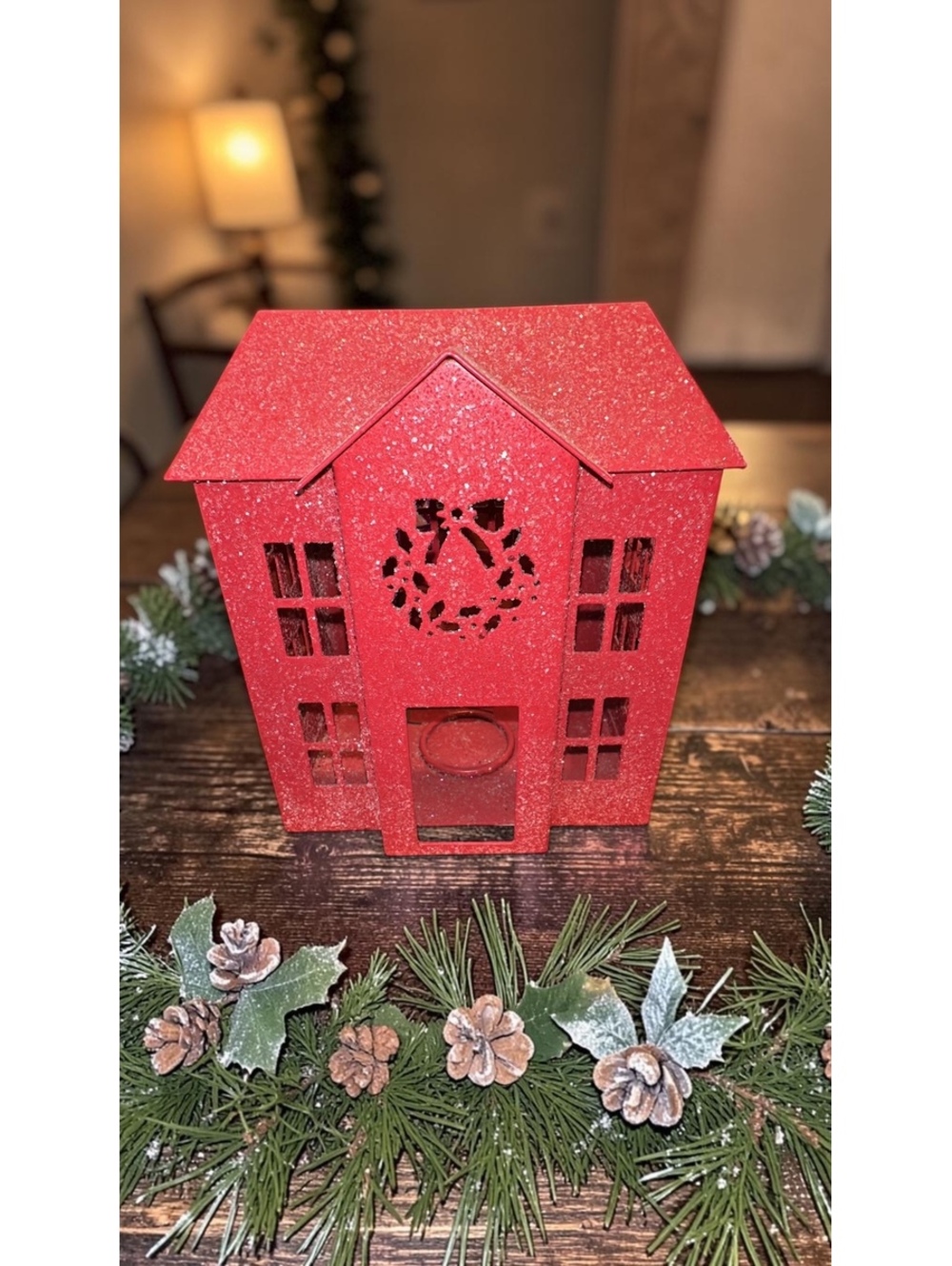 White Barn CandleCo Vintage Glitter Metal Christmas House Luminary Tea Light